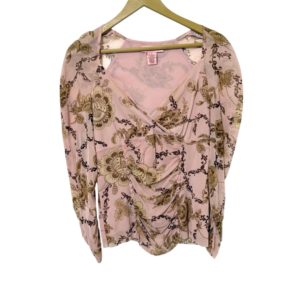 Bandolino Y2K Size Large Pink Floral Mesh Babydoll Ruched Top Feminine Dainty